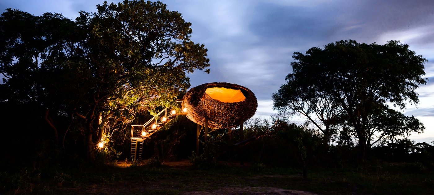 A nest-shaped room glows among the trees at dusk at Chisa Busanga Camp in Kafue.