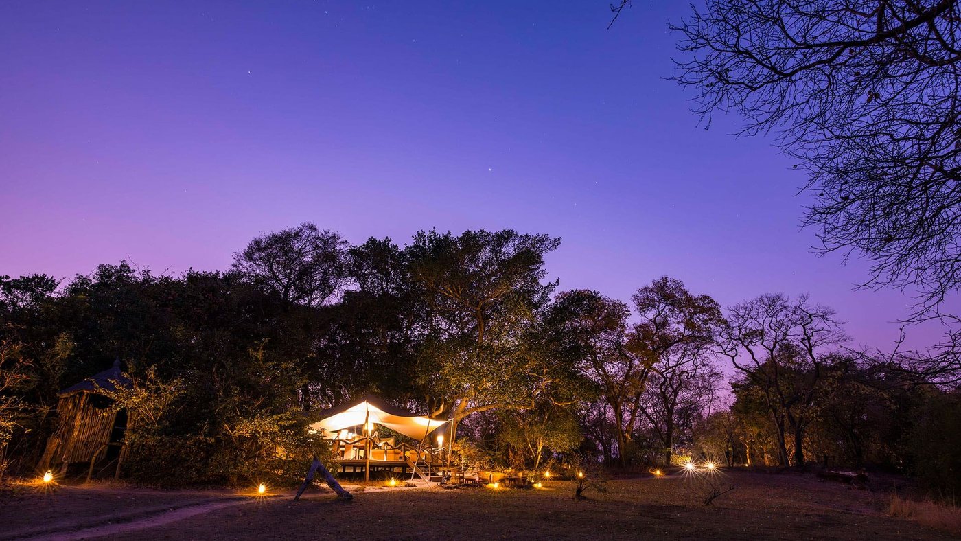 Lantern-lit tented camp glows at dusk beneath fig trees at Fig Tree Bush Camp in Kafue.