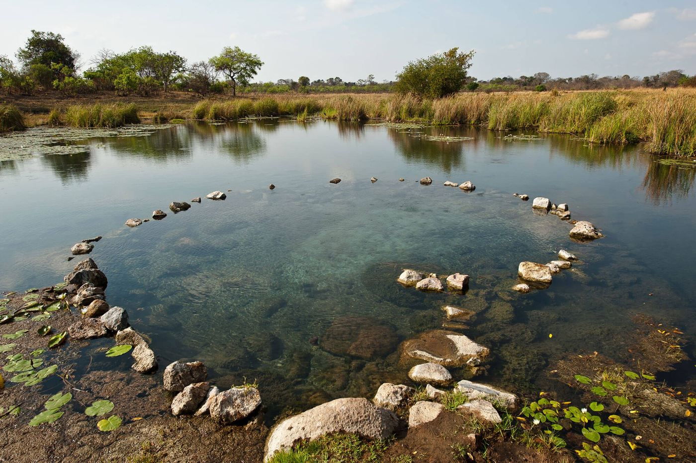 Clear water rings a cluster of stones at the geothermal hot spring near Hippo Lodge.