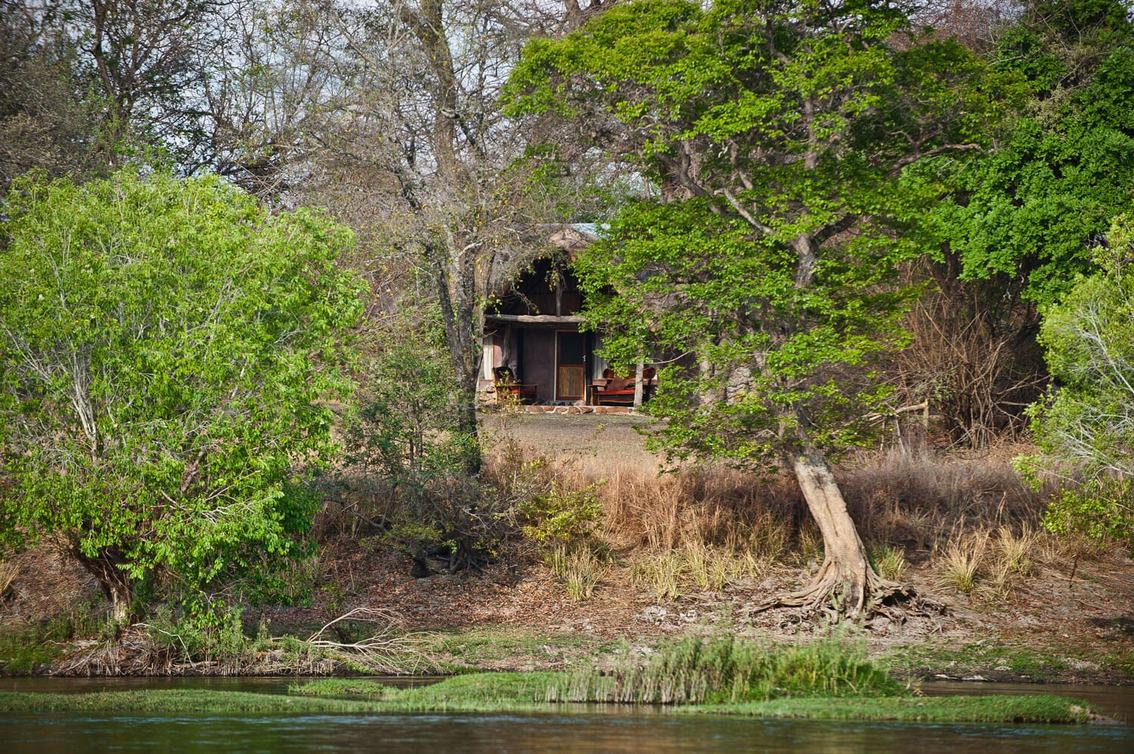 A thatched chalet sits among dense riverine foliage at Hippo Lodge.
