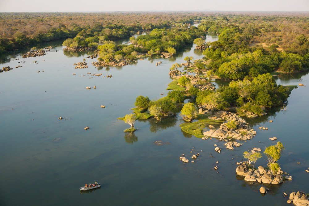 Seen from above, rocky islets break up the Kafue River near KaingU Safari Lodge.
