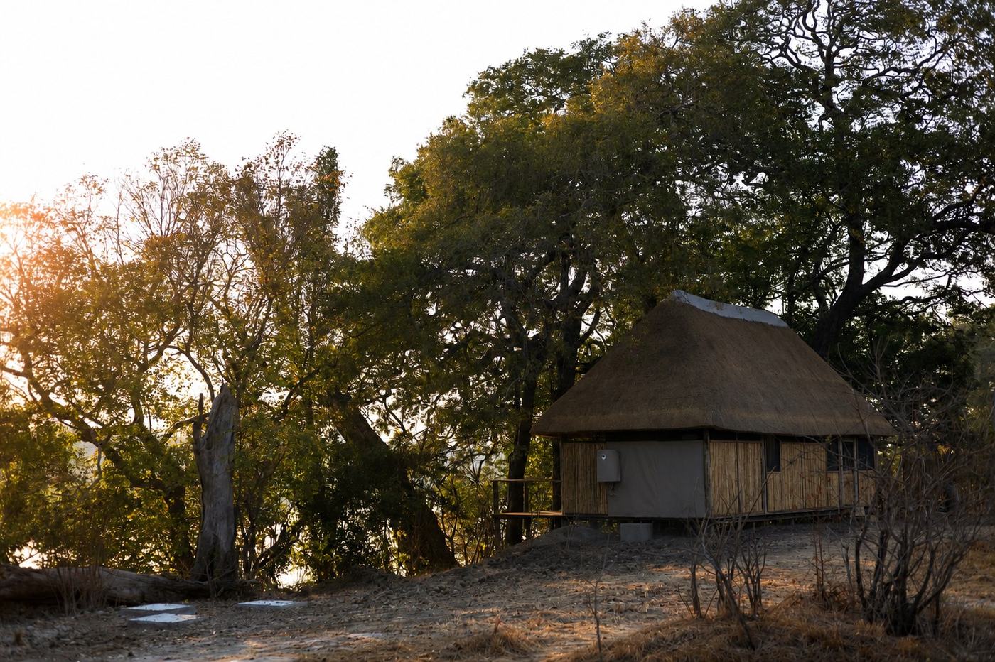 A thatched chalet stands among riverine trees at Lwenge River Camp.