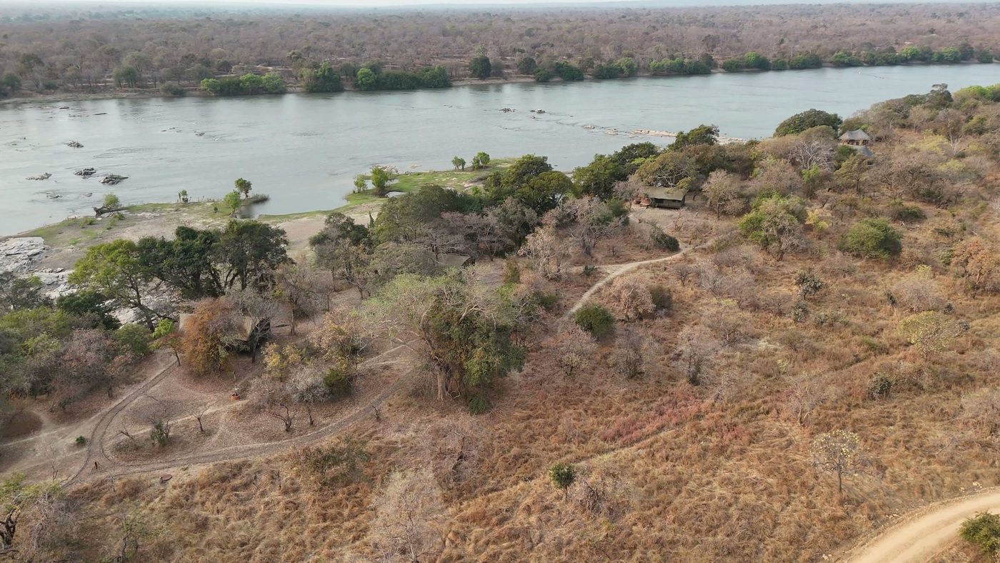 Aerial view traces the Kafue River bend beside Mawimbi Bush Camp.