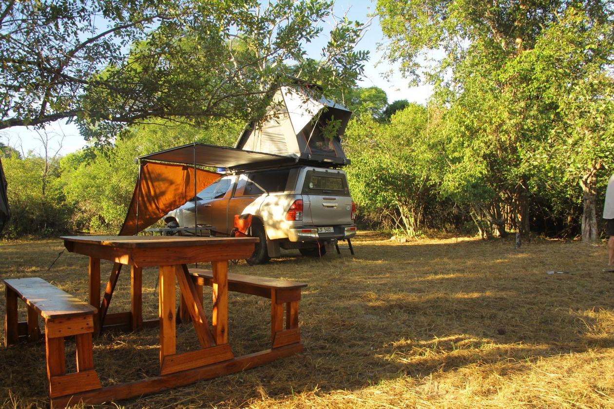 A rooftop tent and camp table sit in a forest clearing at McBrides' Camp.