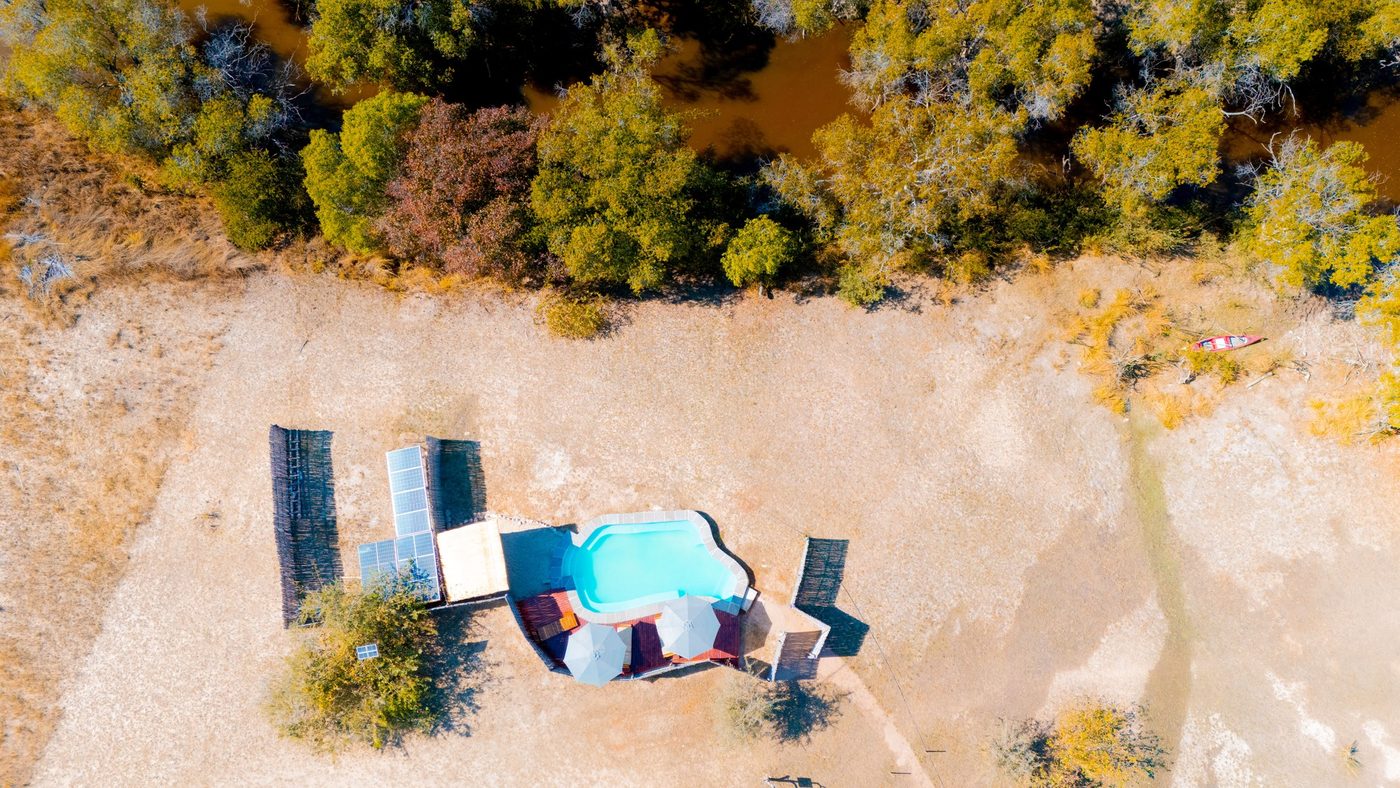 An aerial view shows the plunge pool deck at Mozhi Bush Camp.